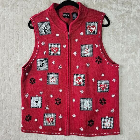 VTG Erika Christmas Sweater Vest Womens 1X Patchwork Holiday Cottage Kitschy 90s - Picture 1 of 6